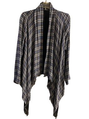 Drew Anthropologie Plaid Open Front Waterfall Cardigan Draped Fringed Hem  Wrap